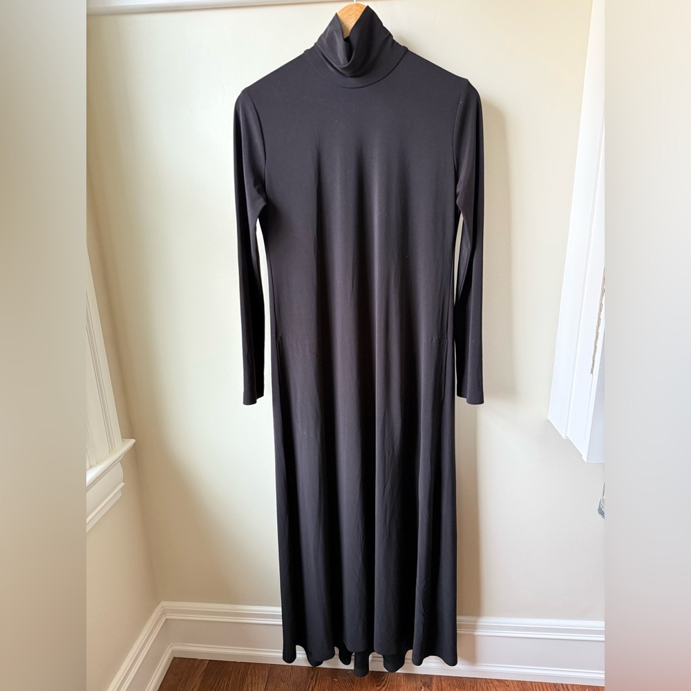 NORMA KAMALI Long Sleeve Turtleneck‎ Swing Dress Maxi Black Pockets Minimalist M